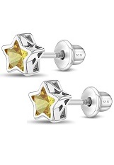 lovely silver yellow cubic zirconia star shaped baby birthstone earrings